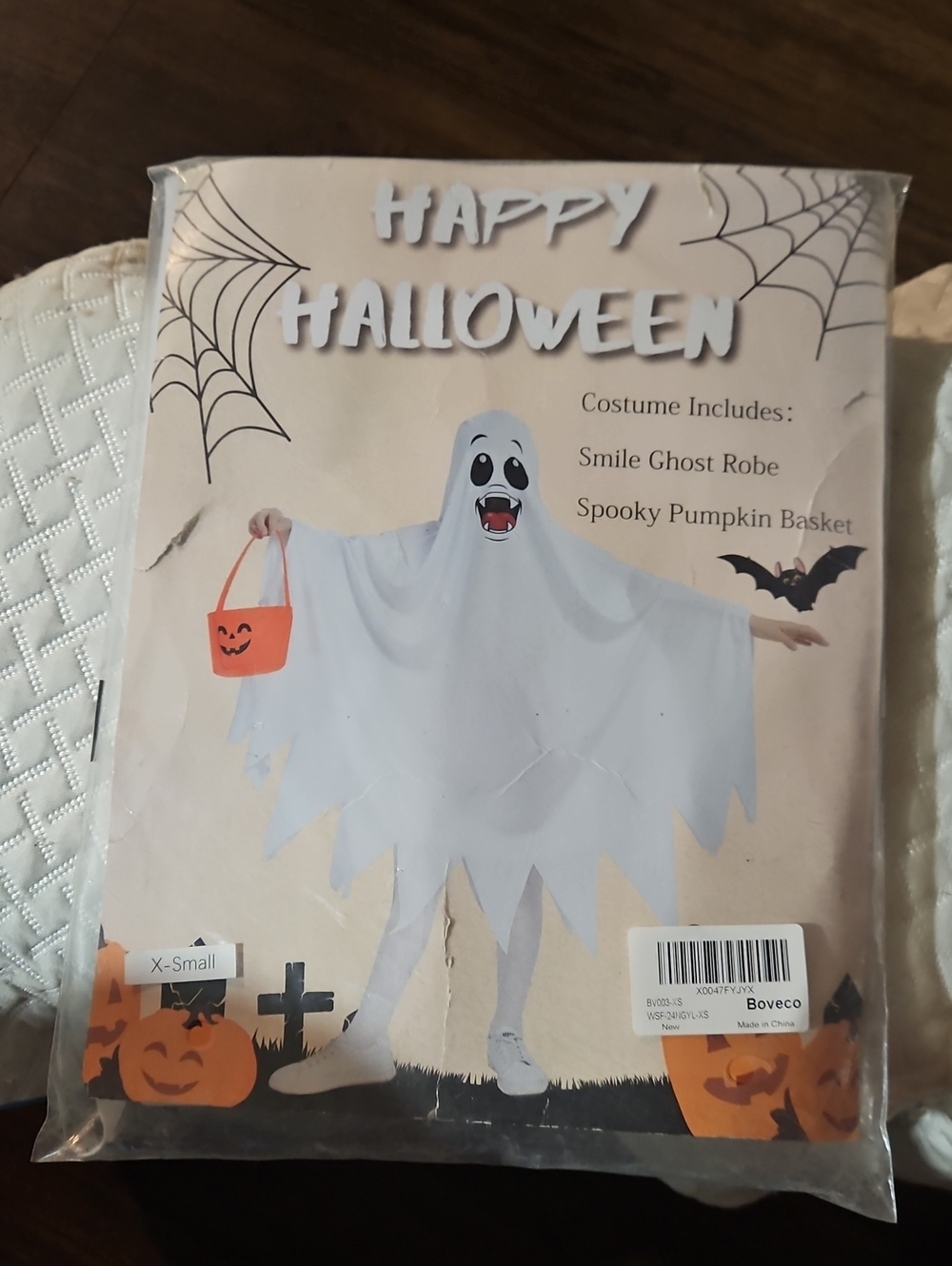 Kids White Smile Ghost Costume with Pumpkin Basket by